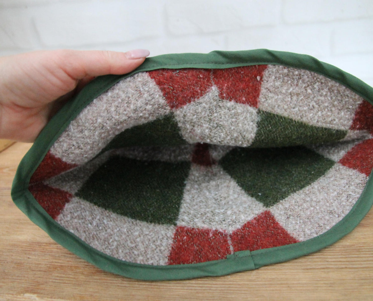 Plaid Wool Sauna Hat, Green and Red Patchwork Bath Cap for Banya, Natural Felted Wool Thermal Protection Hat, Sauna Accessories Gift