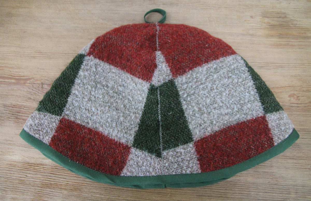 Plaid Wool Sauna Hat, Green and Red Patchwork Bath Cap for Banya, Natural Felted Wool Thermal Protection Hat, Sauna Accessories Gift