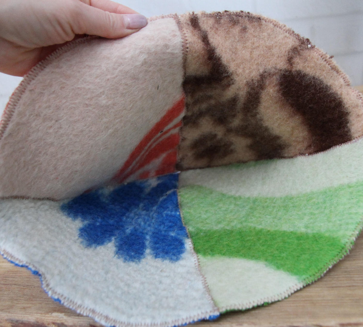 One-of-a-Kind Handmade Wool Sauna Hat , Colorful Patchwork Wool Felt Banya Cap with Hanging Loop , Unique Spa Sauna Accessory