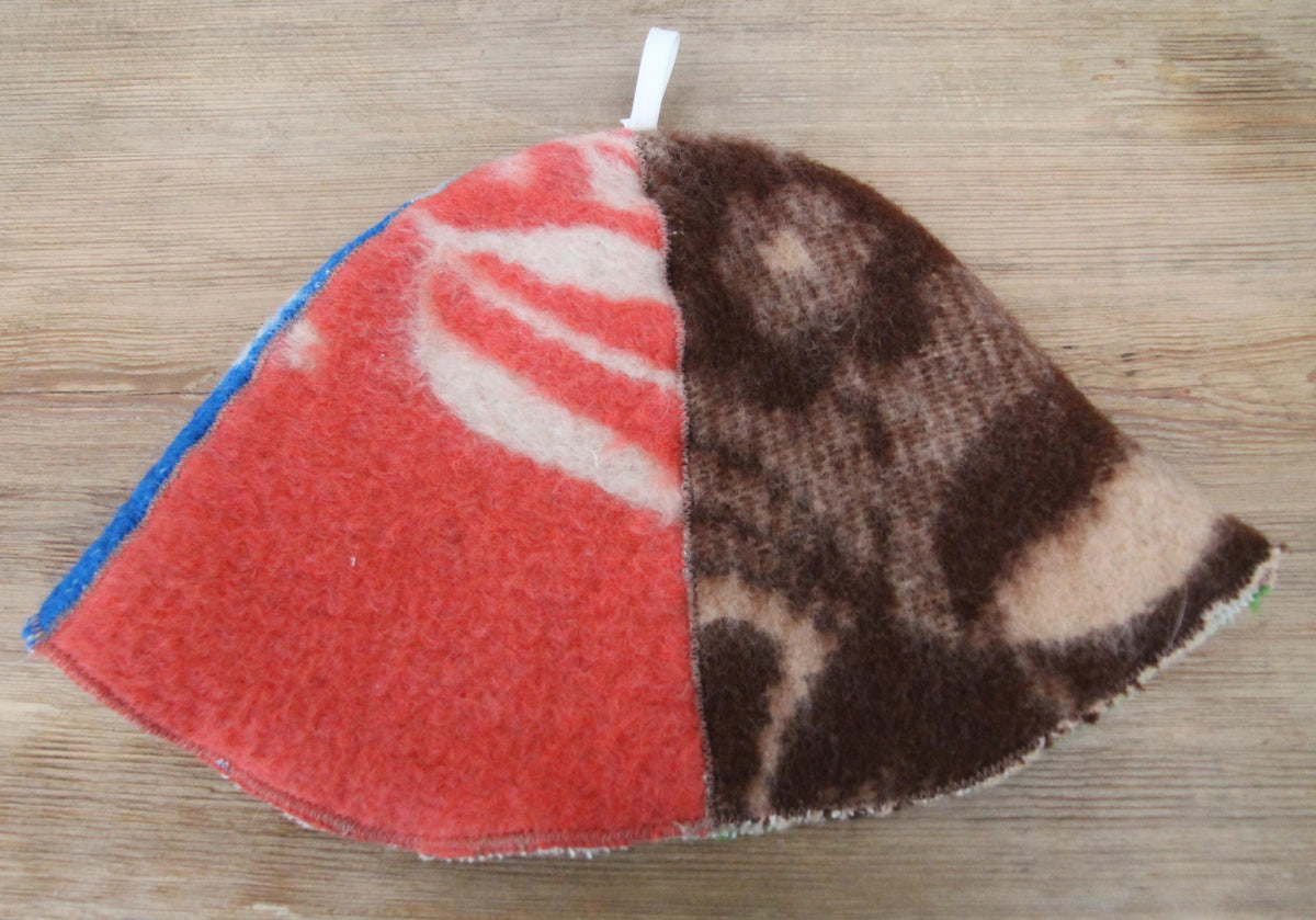 One-of-a-Kind Handmade Wool Sauna Hat , Colorful Patchwork Wool Felt Banya Cap with Hanging Loop , Unique Spa Sauna Accessory