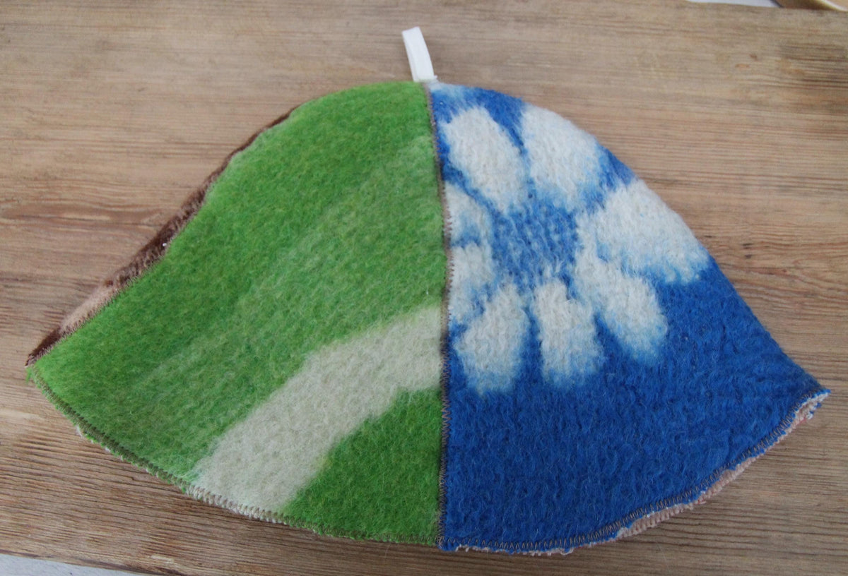 One-of-a-Kind Handmade Wool Sauna Hat , Colorful Patchwork Wool Felt Banya Cap with Hanging Loop , Unique Spa Sauna Accessory