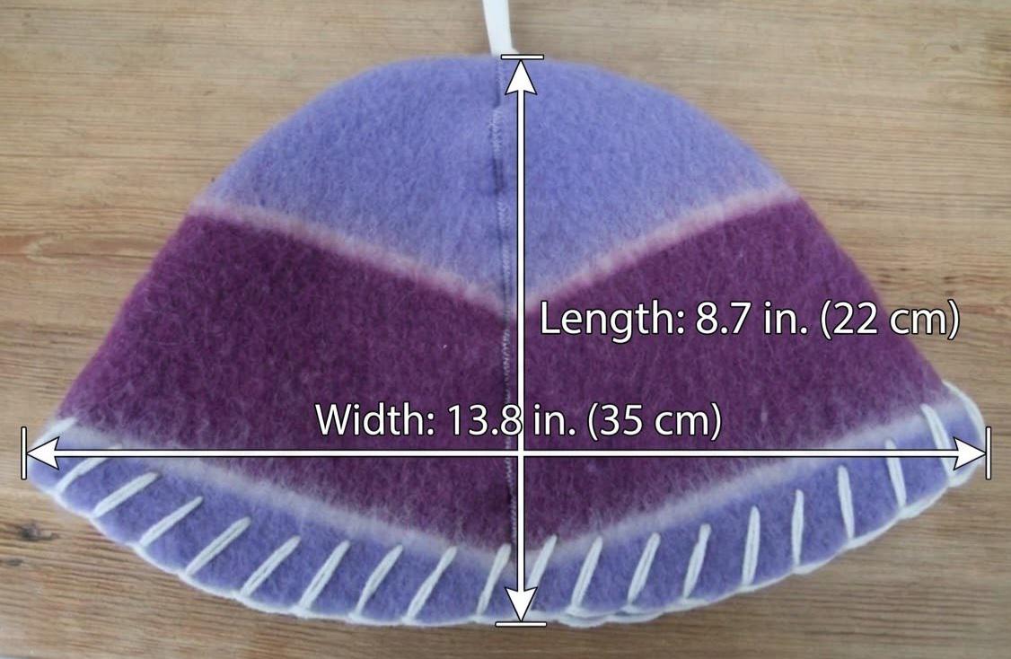 Handmade Purple Wool Sauna Hat , Felted Banya Cap with White Decorative Stitching , Unique Natural Spa Steam Room Accessory