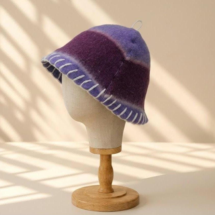 Handmade Purple Wool Sauna Hat , Felted Banya Cap with White Decorative Stitching , Unique Natural Spa Steam Room Accessory