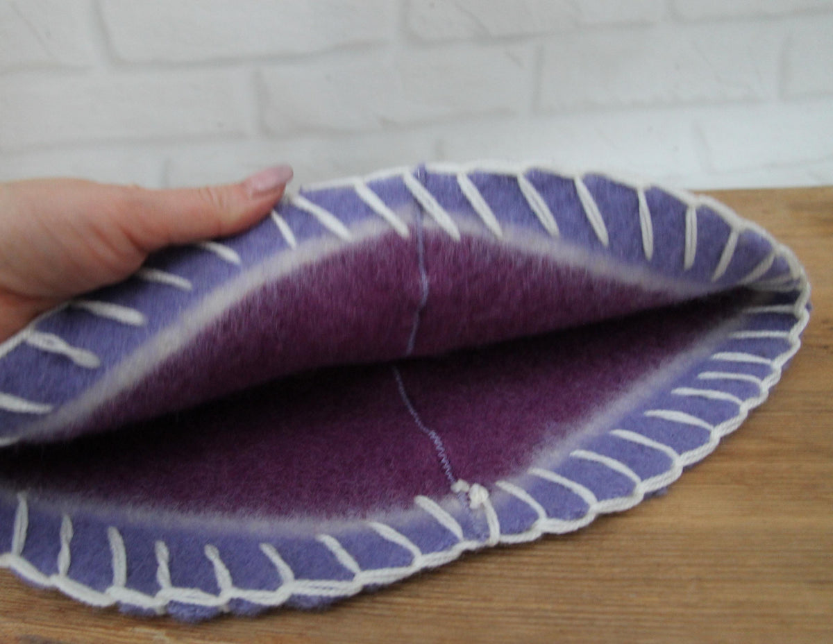 Handmade Purple Wool Sauna Hat , Felted Banya Cap with White Decorative Stitching , Unique Natural Spa Steam Room Accessory