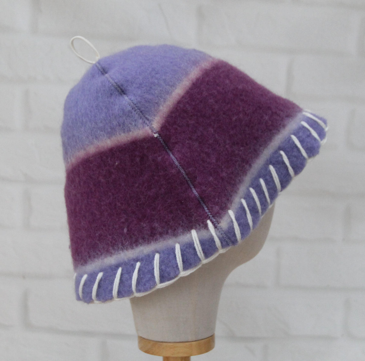 Handmade Purple Wool Sauna Hat , Felted Banya Cap with White Decorative Stitching , Unique Natural Spa Steam Room Accessory