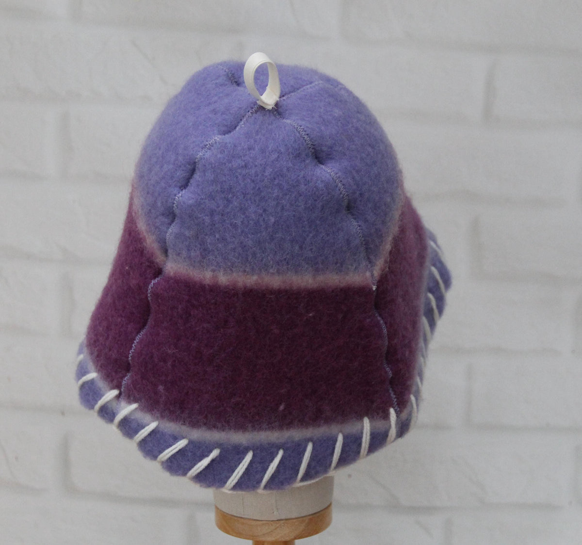Handmade Purple Wool Sauna Hat , Felted Banya Cap with White Decorative Stitching , Unique Natural Spa Steam Room Accessory