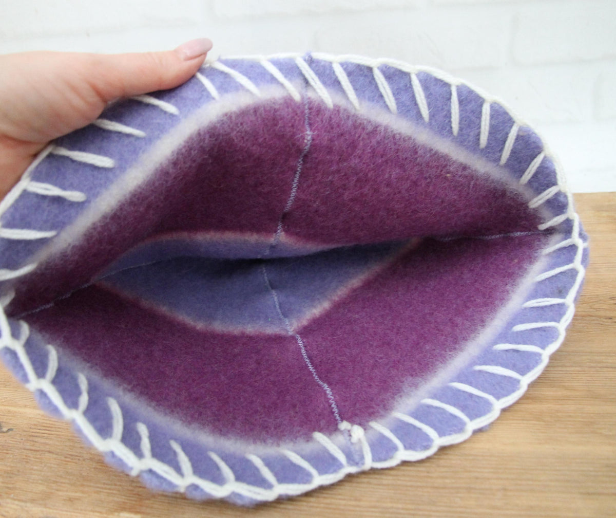 Handmade Purple Wool Sauna Hat , Felted Banya Cap with White Decorative Stitching , Unique Natural Spa Steam Room Accessory