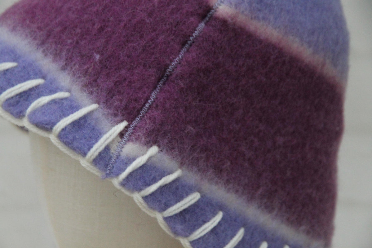 Handmade Purple Wool Sauna Hat , Felted Banya Cap with White Decorative Stitching , Unique Natural Spa Steam Room Accessory