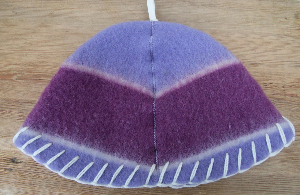 Handmade Purple Wool Sauna Hat , Felted Banya Cap with White Decorative Stitching , Unique Natural Spa Steam Room Accessory