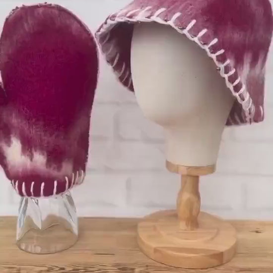 Upcycled Wool Felt Sauna Hat & Mitten Set | Tie Dye Banya Gear