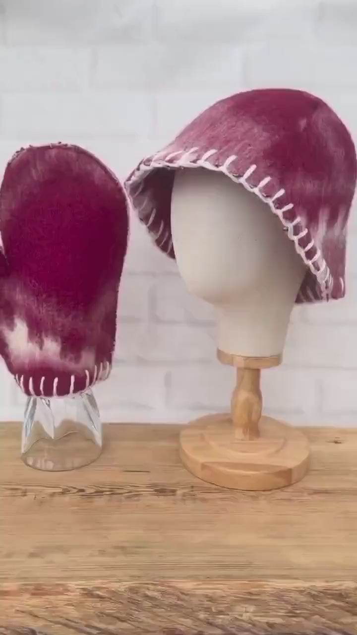 Upcycled Wool Felt Sauna Hat & Mitten Set | Tie Dye Banya Gear