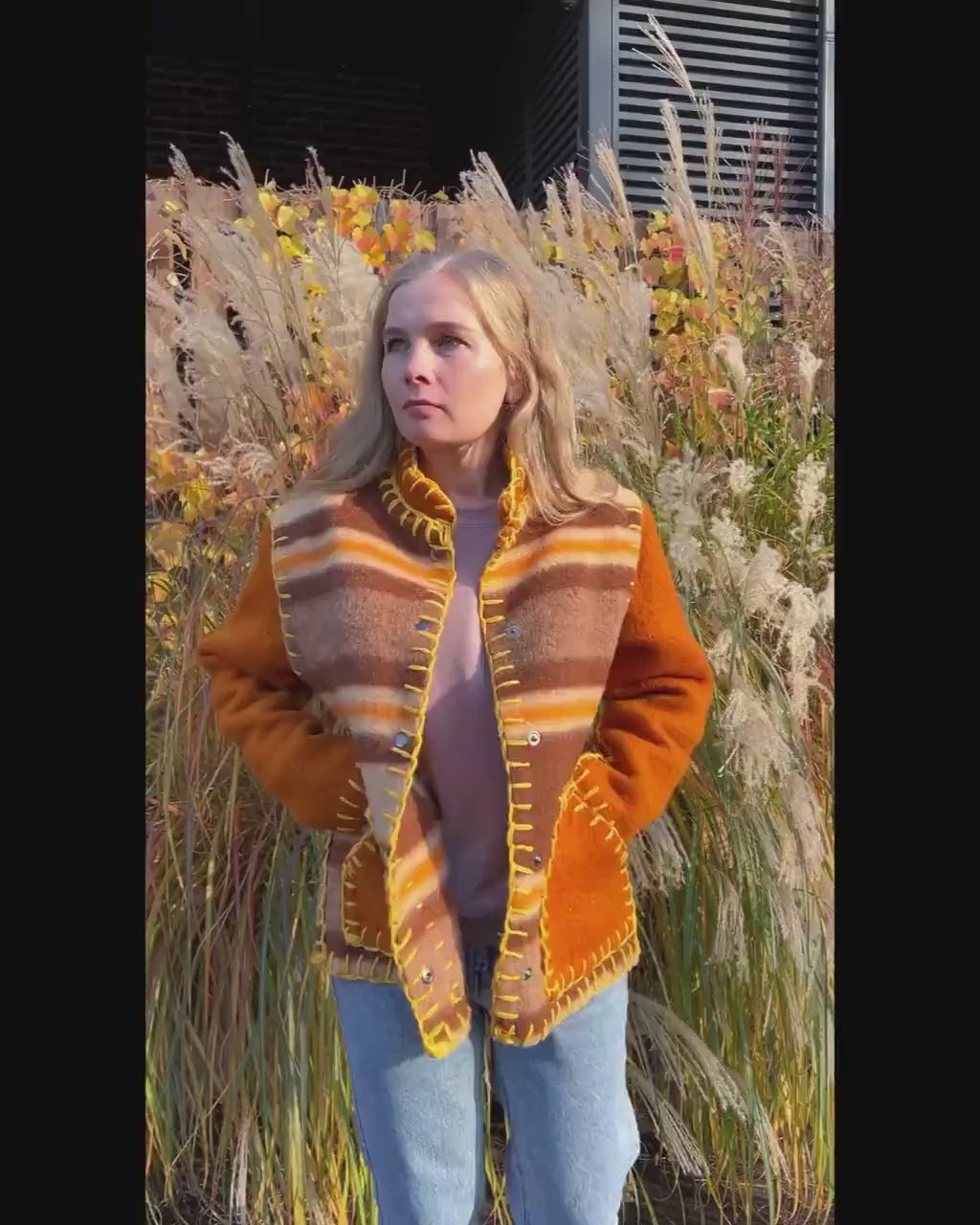 Wool Blanket Jacket brown orange, Upcycled Coat, Handmade Oversized Plaid Jacket M
