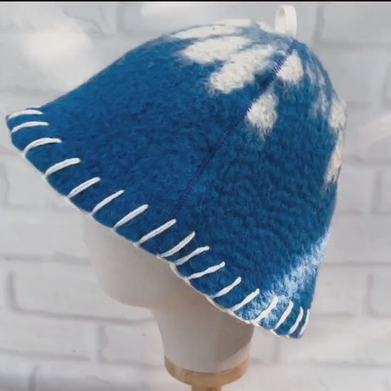 Felted Wool Sauna Hat with Hand Stitching and Flower Motif - Protect Your Hair and Enhance Your Spa Experience - Large (35x22 cm)