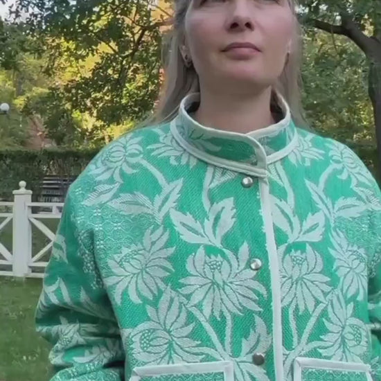 One-of-a-Kind Handmade Jacket from Vintage Green Tapestry Blanket - Upcycled Boho Chic - Retro Floral Bomber