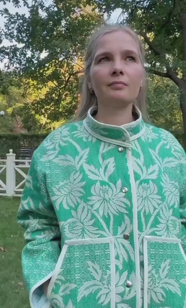 One-of-a-Kind Handmade Jacket from Vintage Green Tapestry Blanket - Upcycled Boho Chic - Retro Floral Bomber