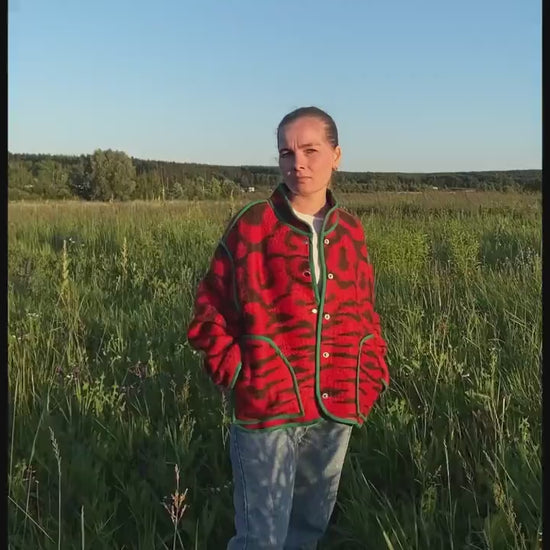 Red Vintage Wool Blanket Jacket, Upcycled Oversized Coat M L (46–48) Handmade Warm Outerwear, Eco Tiger Print Boho Jacket, gift for her.