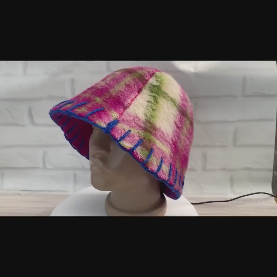 Wool Sauna Hat, Handmade Reversible Bath Hat from Vintage Blanket, Felted Sauna Cap, Spa Accessory,Gift for Sauna Lover, wool bath  pink hat
