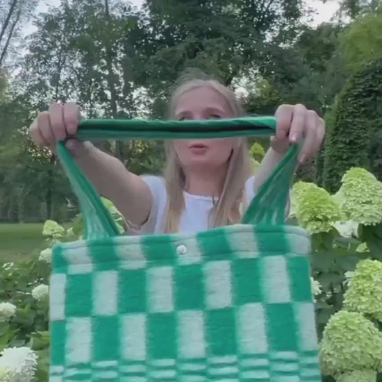 Upcycled Wool Tote Bag – Green White Checkerboard Market Shopper