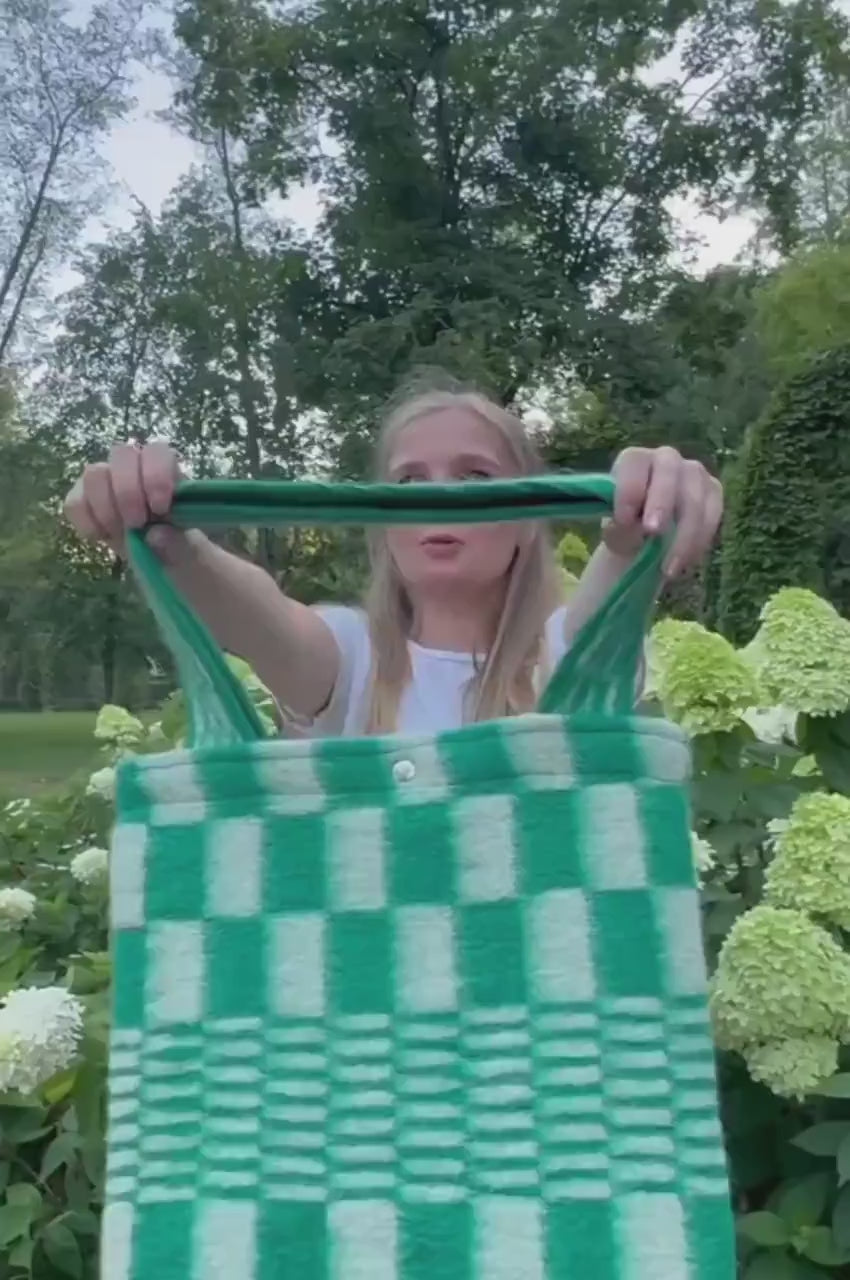 Upcycled Wool Tote Bag – Green White Checkerboard Market Shopper