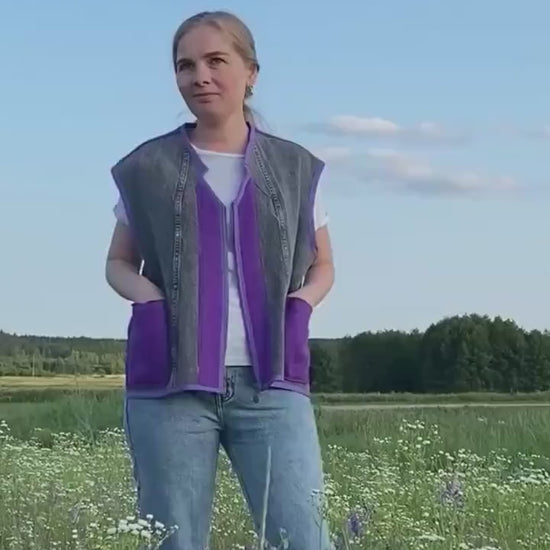 Upcycled Wool Vest with Denim Accents,Purple and Gray Vintage Sleeveless Jacket,Eco-Friendly Warm Gilet,Handmade in Ukraine Size M/L, gift.