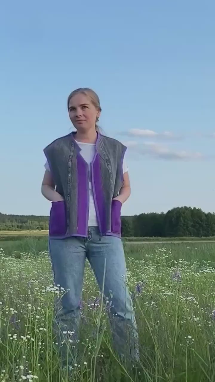 Upcycled Wool Vest with Denim Accents,Purple and Gray Vintage Sleeveless Jacket,Eco-Friendly Warm Gilet,Handmade in Ukraine Size M/L, gift.