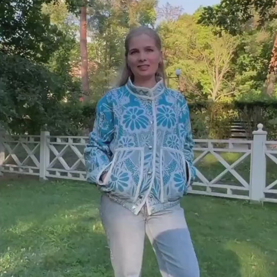 One-of-a-Kind Handmade Jacket from Vintage Blue Tapestry Blanket - Upcycled Boho Chic - Retro Floral Bomber