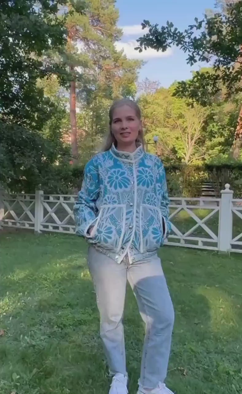 One-of-a-Kind Handmade Jacket from Vintage Blue Tapestry Blanket - Upcycled Boho Chic - Retro Floral Bomber