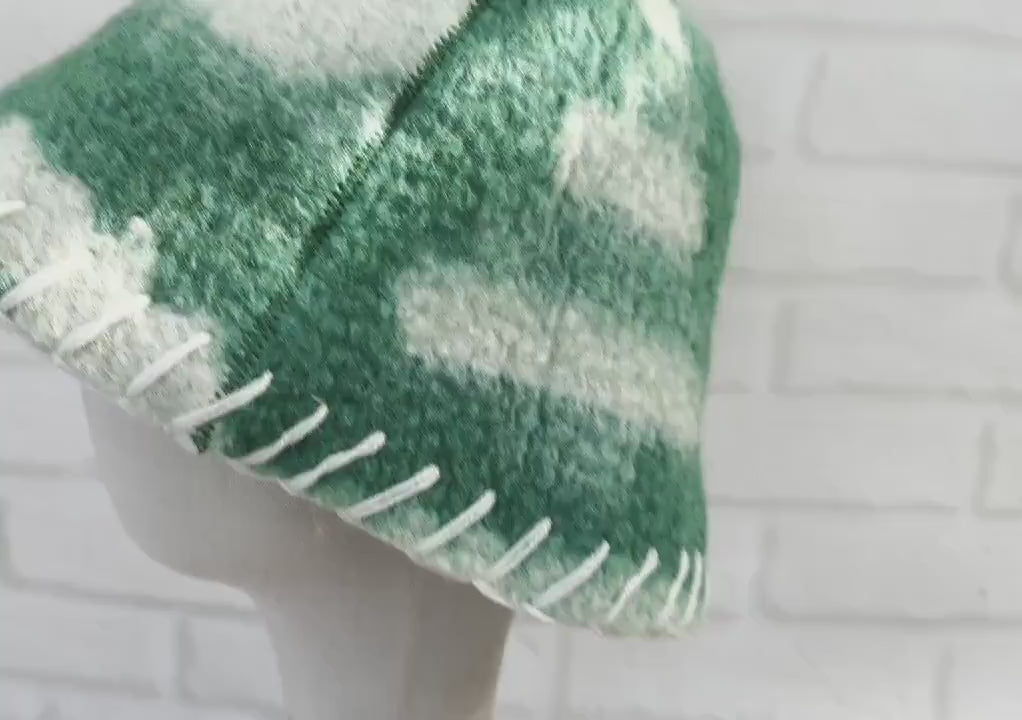 Handmade 100% Wool Sauna Hat with Hand Stitching - Green  Cream Felted Spa Cap for Hair Care  (36x22 cm / 14.2x8.7 in)