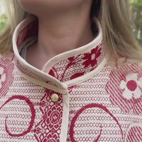 Upcycled Cotton Tapestry Bomber Jacket, Red Floral Cottagecore Statement Coat (M-L)