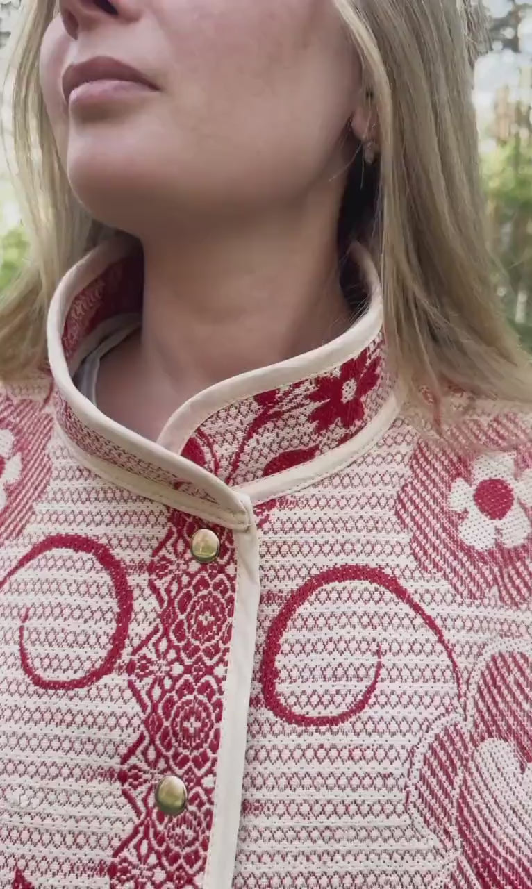 Upcycled Cotton Tapestry Bomber Jacket, Red Floral Cottagecore Statement Coat (M-L)