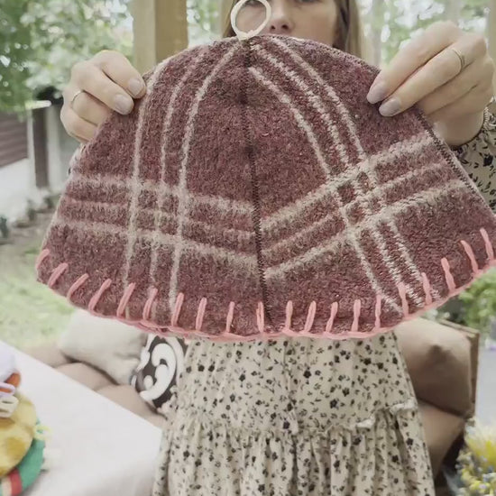 Handmade Upcycled Wool Sauna Hat – Plaid with Neon Pink Stitching