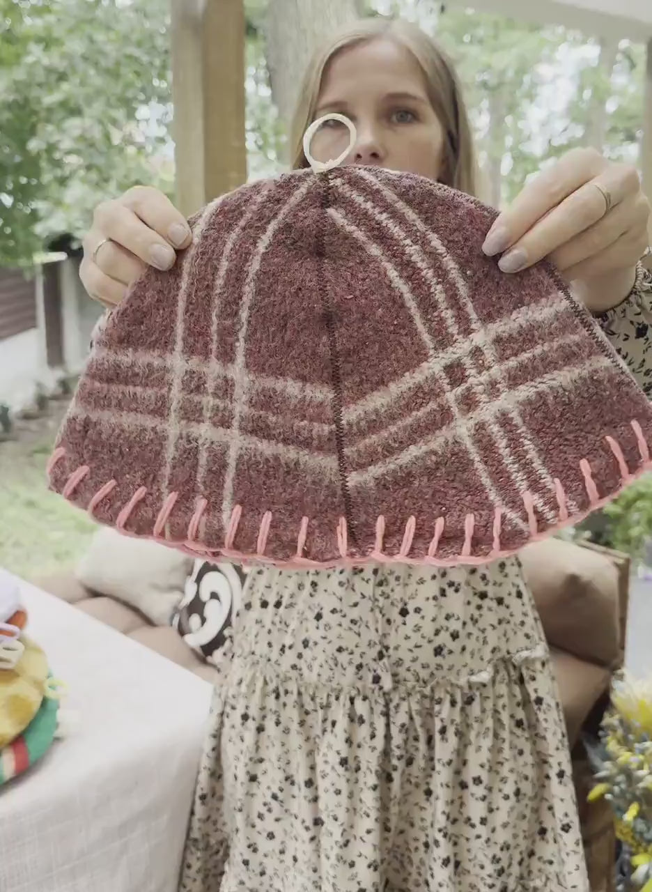 Handmade Upcycled Wool Sauna Hat – Plaid with Neon Pink Stitching