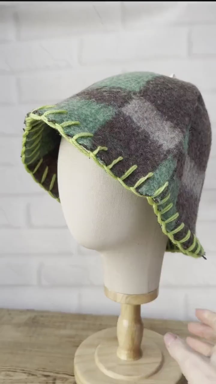 Upcycled Wool Sauna Hat, Plaid Banya Cap, Eco-Friendly Headwear, Sauna Lover Gift