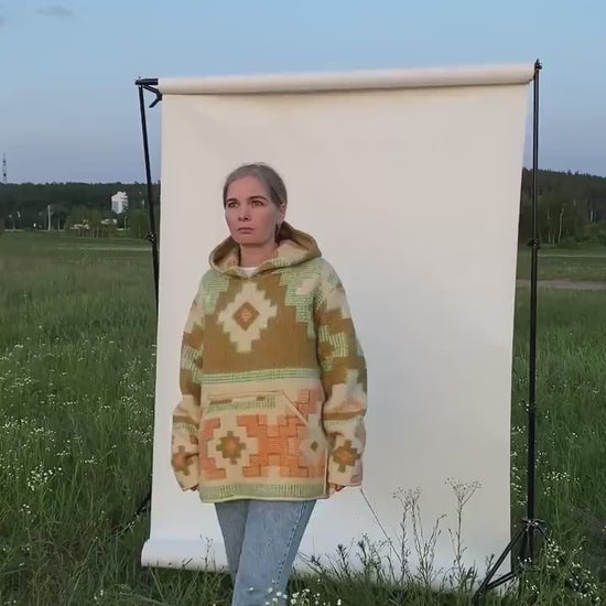 Upcycled Wool Blanket Hoodie, Ethnic Print Pullover (Size M/L)
