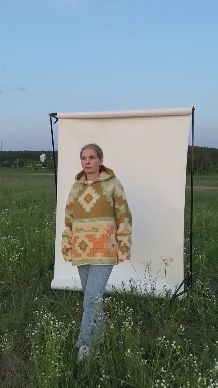 Upcycled Wool Blanket Hoodie, Ethnic Print Pullover (Size M/L)