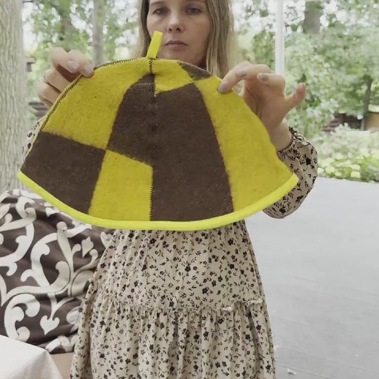 Upcycled Wool Striped Sauna Hat, Yellow Brown Banya Cap, Steam Room Headwear