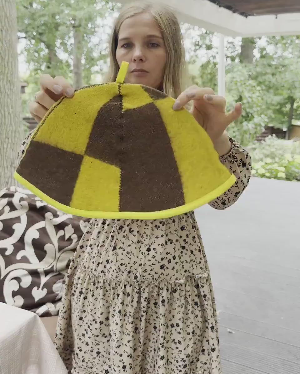Upcycled Wool Striped Sauna Hat, Yellow Brown Banya Cap, Steam Room Headwear