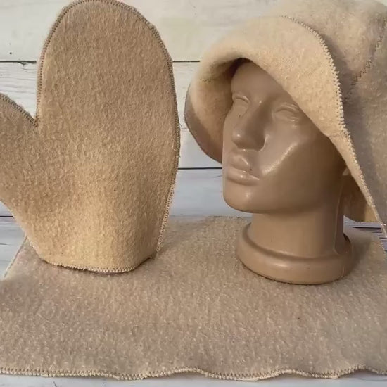 Wool sauna hat mitten mat natural, handmade felted bath hat , ecoriendly wool hat recycled blanket hat, sauna cap,gift for sauna lovers.