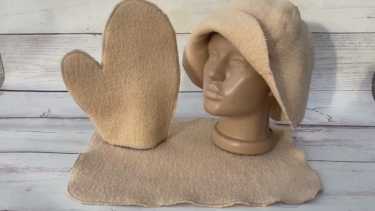 Wool sauna hat mitten mat natural, handmade felted bath hat , ecoriendly wool hat recycled blanket hat, sauna cap,gift for sauna lovers.