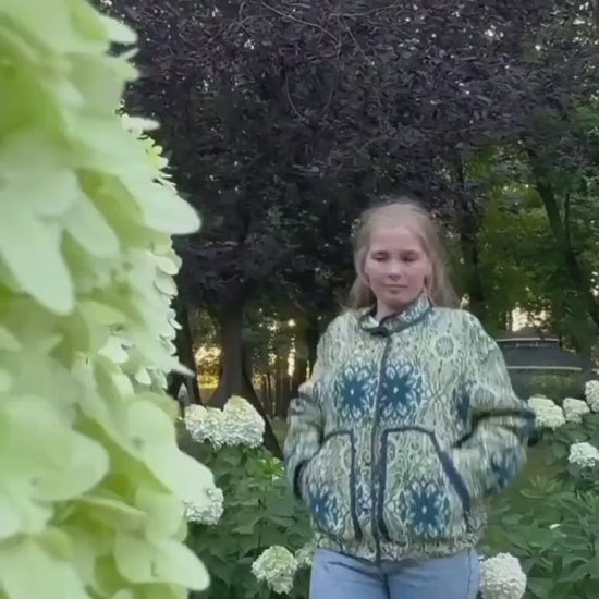 Handmade Vintage Tapestry Jacket, Blue Green Floral Bomber, Oversized Boho Outerwear