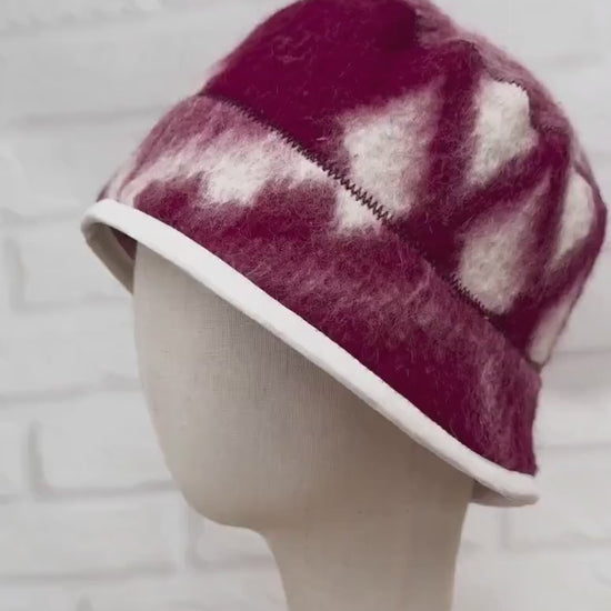 Hand Felted Wool Hat – Burgundy Geometric Sauna Beanie (21-22")