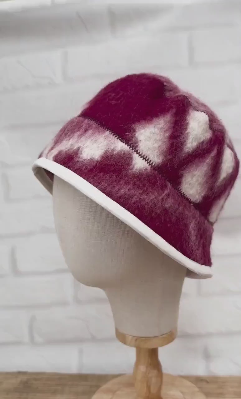 Hand Felted Wool Hat – Burgundy Geometric Sauna Beanie (21-22")