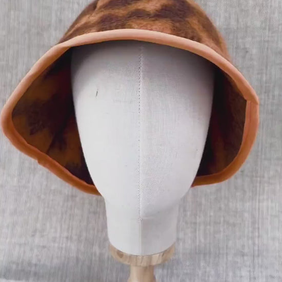 Upcycled Wool Blanket Sauna Hat – Vibrant Orange & Brown Pattern