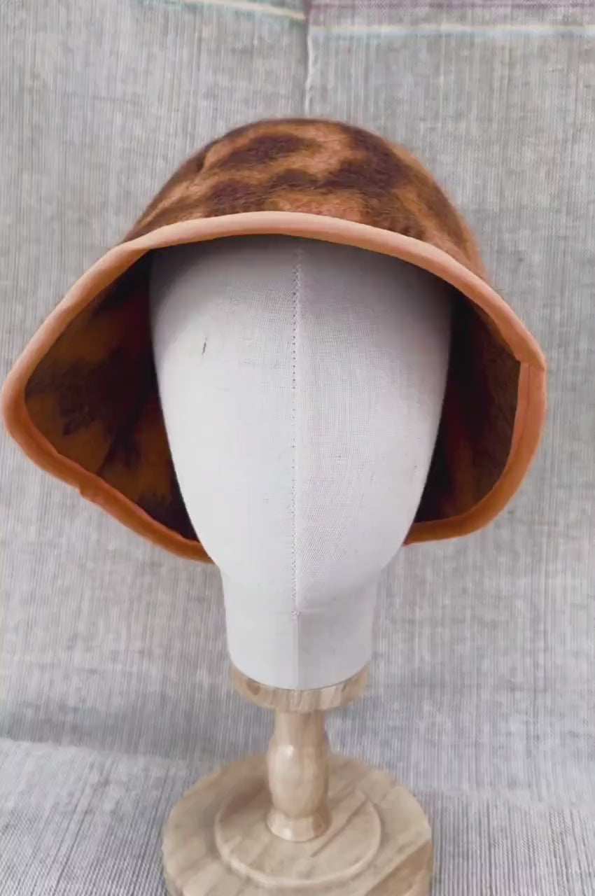 Upcycled Wool Blanket Sauna Hat – Vibrant Orange & Brown Pattern