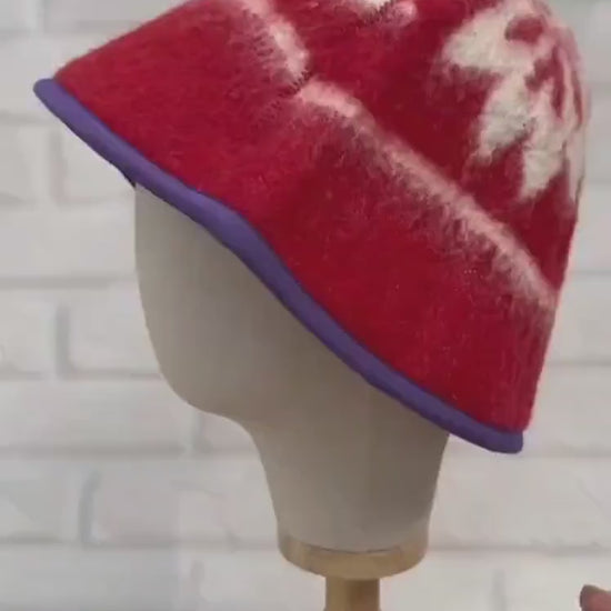 Upcycled Wool Sauna Hat: Red White Pattern, Purple Trim, Banya Accessory