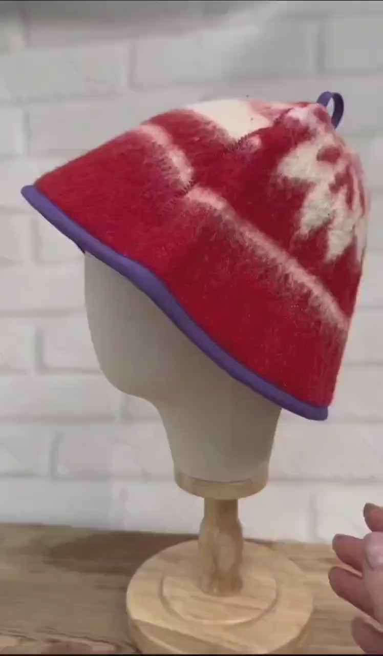 Upcycled Wool Sauna Hat: Red White Pattern, Purple Trim, Banya Accessory