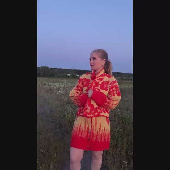 Wool Skirt and Jacket Set Made from Upcycled Vintage Blanket Red and Beige Floral size M One of a Kind, vintage handmade blanket coat.