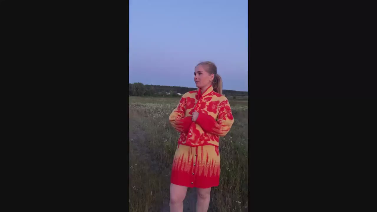 Wool Skirt and Jacket Set Made from Upcycled Vintage Blanket Red and Beige Floral size M One of a Kind, vintage handmade blanket coat.