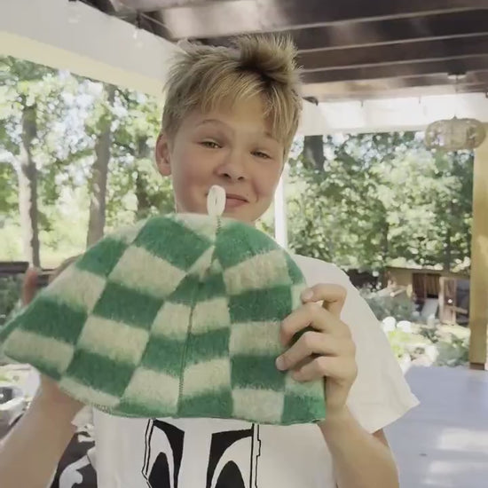 Upcycled Wool Sauna Hat – Green White Checkerboard Banya Spa Accessory