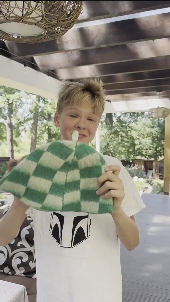 Upcycled Wool Sauna Hat – Green White Checkerboard Banya Spa Accessory